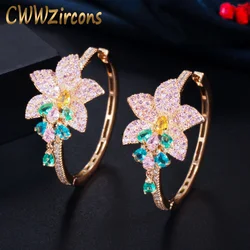 CWWZircons Colorful Cubic Zircon Gold Color Big Tassel Flower Charm Round Hoop Earrings for Women Luxury Designer Jewelry CZ718