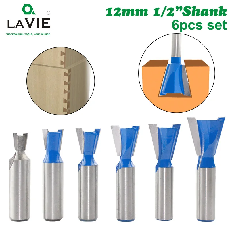 6pcs 12mm Shank 1/2 Dovetail Joint Router Bits Set 14 Degree Woodworking Engraving Bit Milling Cutter For Wood C13-026