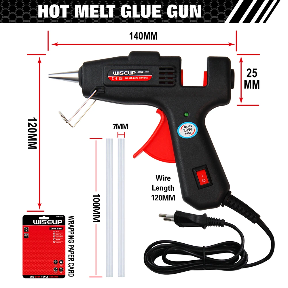 WISEUP 20W Glue Gun Industrial Mini Hot Melt Glue Guns Thermo Electric Heat Temperature Repair Tool DIY Fit 7*100MM Sticks