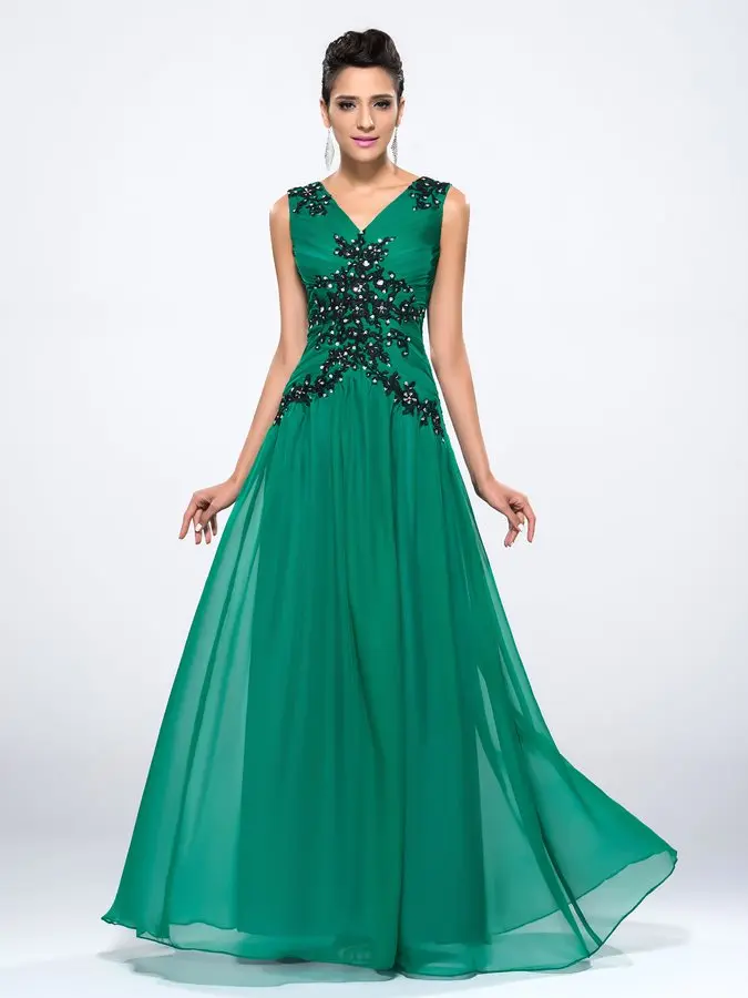 Vestidos De Noiva Green Avond Formele Kleding 2021 V-hals Applicaties Kralen A-lijn Floor-Length Partij Prom Gown Robe De soiree