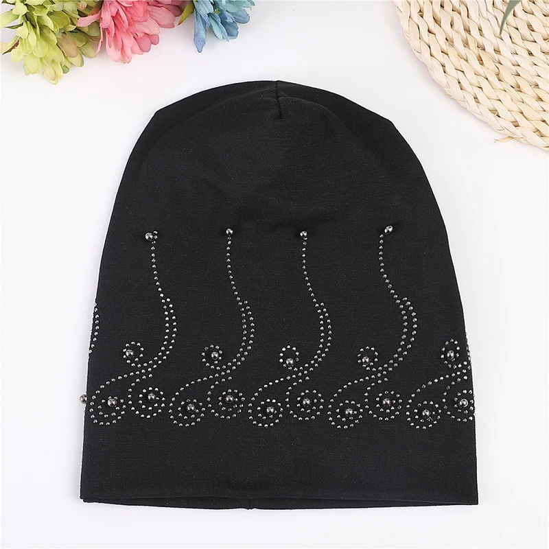 Women Summer Lace Pearl Rhinestone Sunscreen Sun Hat Female Spring Double Layer Cotton Windproof Warm Black Cap Headscarf R18