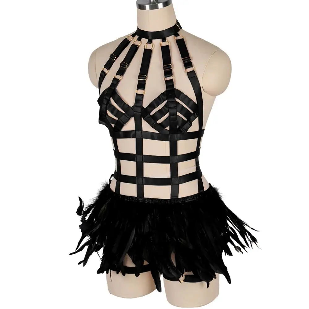 Black Set Harajuku Feather Goth Body Cage Lingerie Belts Elastic Top Hollow Out Suspender Skirt Festival Dance Women Harness Bra