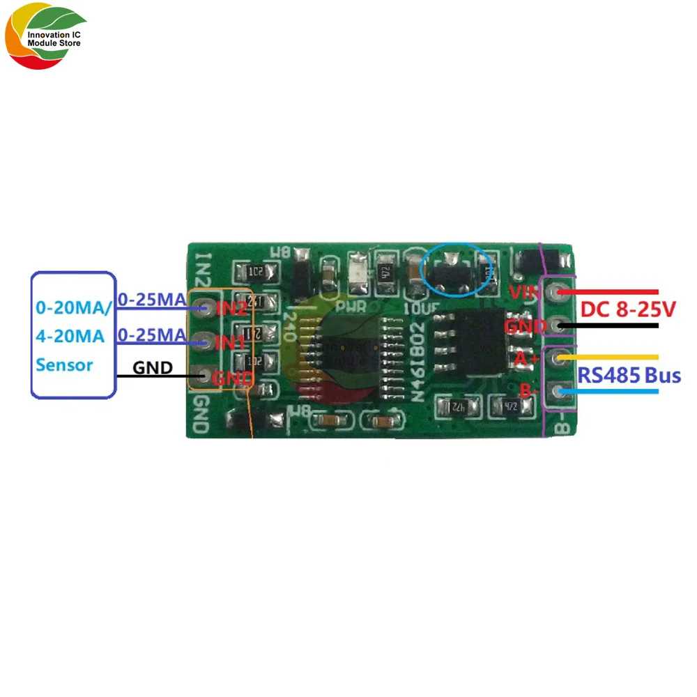 4-20MA to RS485 2 Channel DC 12V 0-25MA Analog acquisition module 12Bit ADC Board Modbus RTU PLC