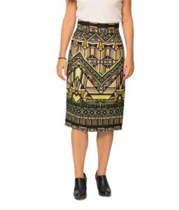 Women's Skirt, Knee-length Skirt, Inner-lined, with Zipper and Botone, with Yellow color Print