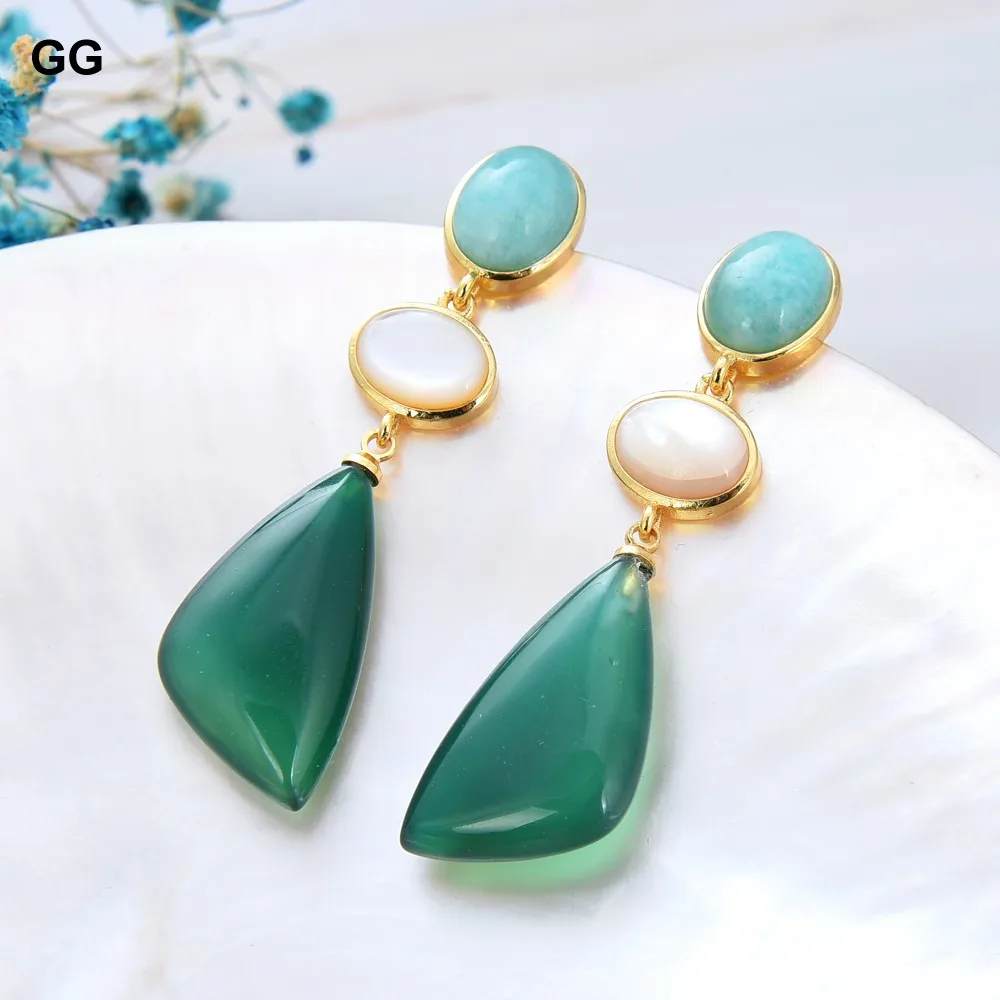 GuaiGuai Jewelry Natural Gems Green Agatse Green Peruvian Amazonites White Shell Stud Earrings