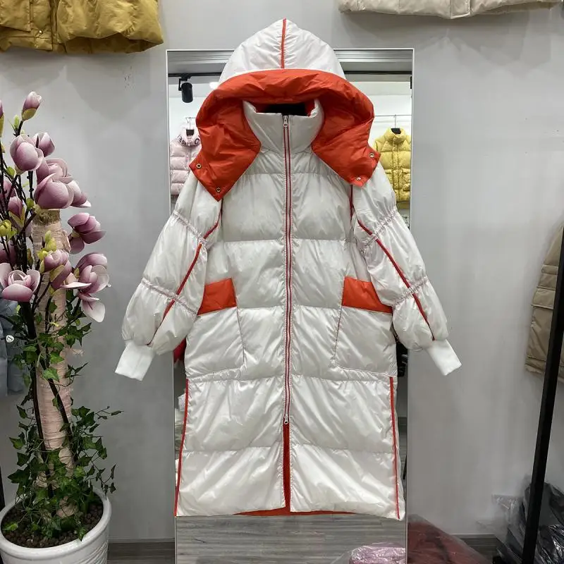 

2021 New Korean Style Down Jacket Bread Coat Baggy Coat Duck Down Women's Mid-length Overknee Thickened White No Fur Collar Slim