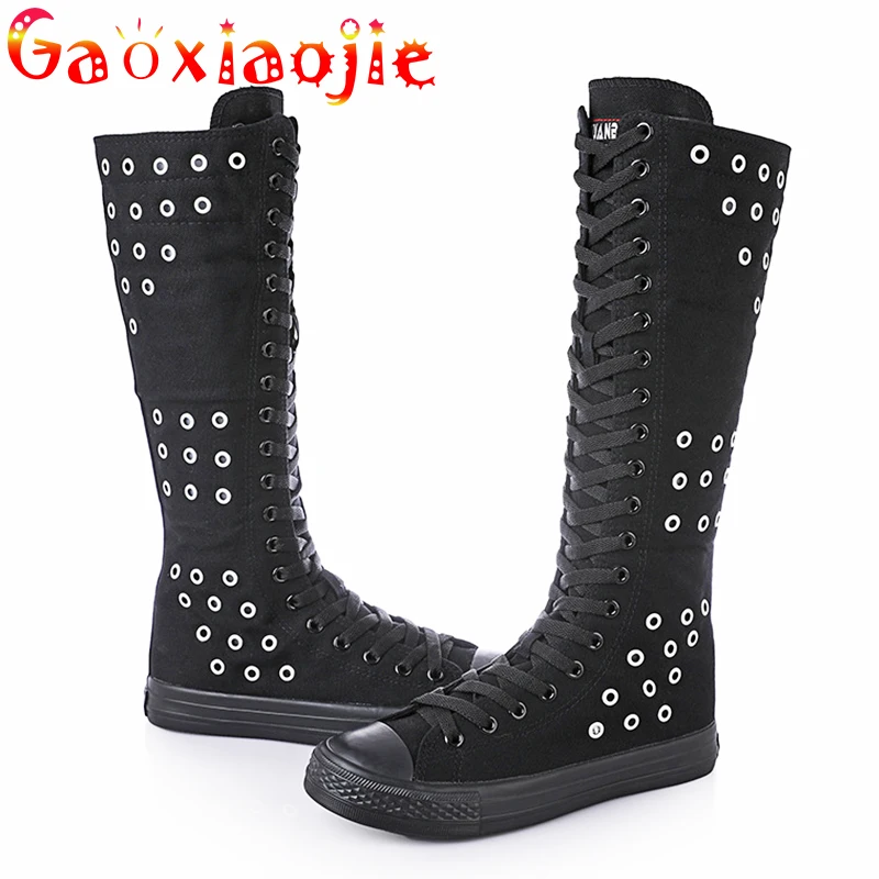 2024 High Top High Tube Hollow Canvas Shoes Autumn Breathable Hole Lace Side Zipper Dance Shoes Fashion Casual Flat Women Boots