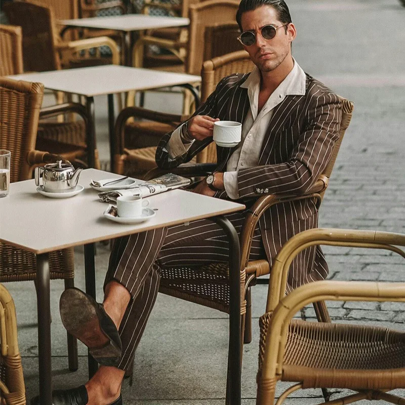 Coffee Pinstriped Mens Suits 2 Pieces Groom Best Man Pants Suit Business Wedding Blazer (Jacket+Pants)