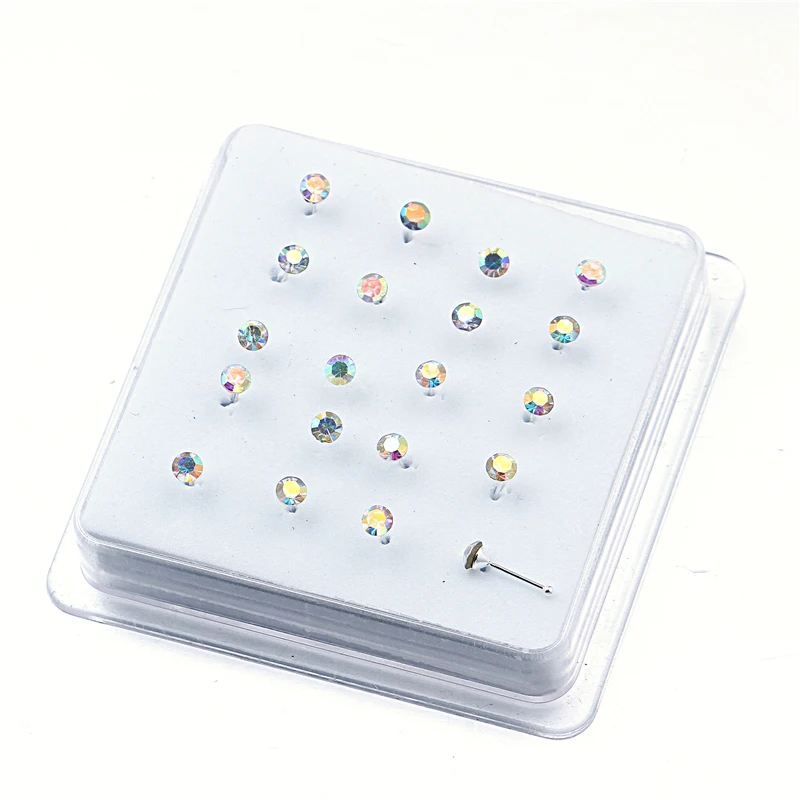 1set 20 Pcs 925 Silver Ball Pin Nose Stud With 3MM Multicolor Crystal Nose Piercing Body Jewelry Round Shape Pin Body Jewelry