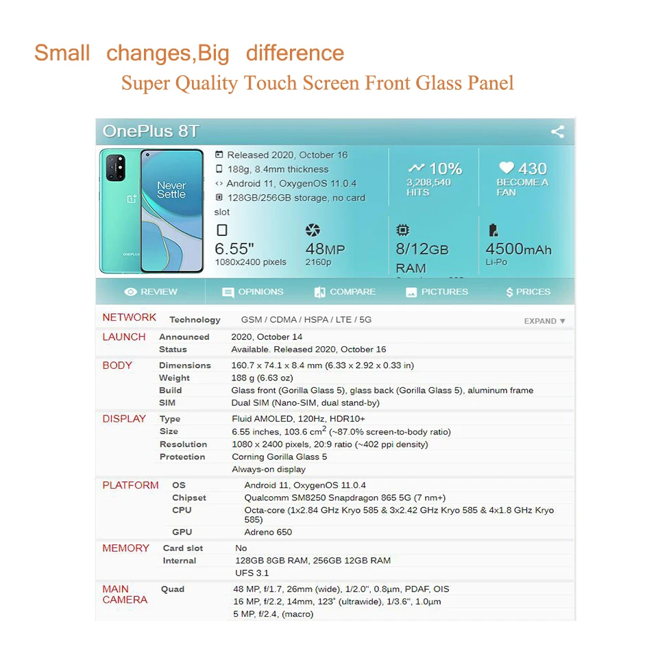Zamiennik dla Oneplus 8T Panel z ekranem dotykowym przednia szyba zewnętrzna obiektyw LCD 1 + 8T KB2001 KB2000 KB2003 szkło dotykowe z klej OCA