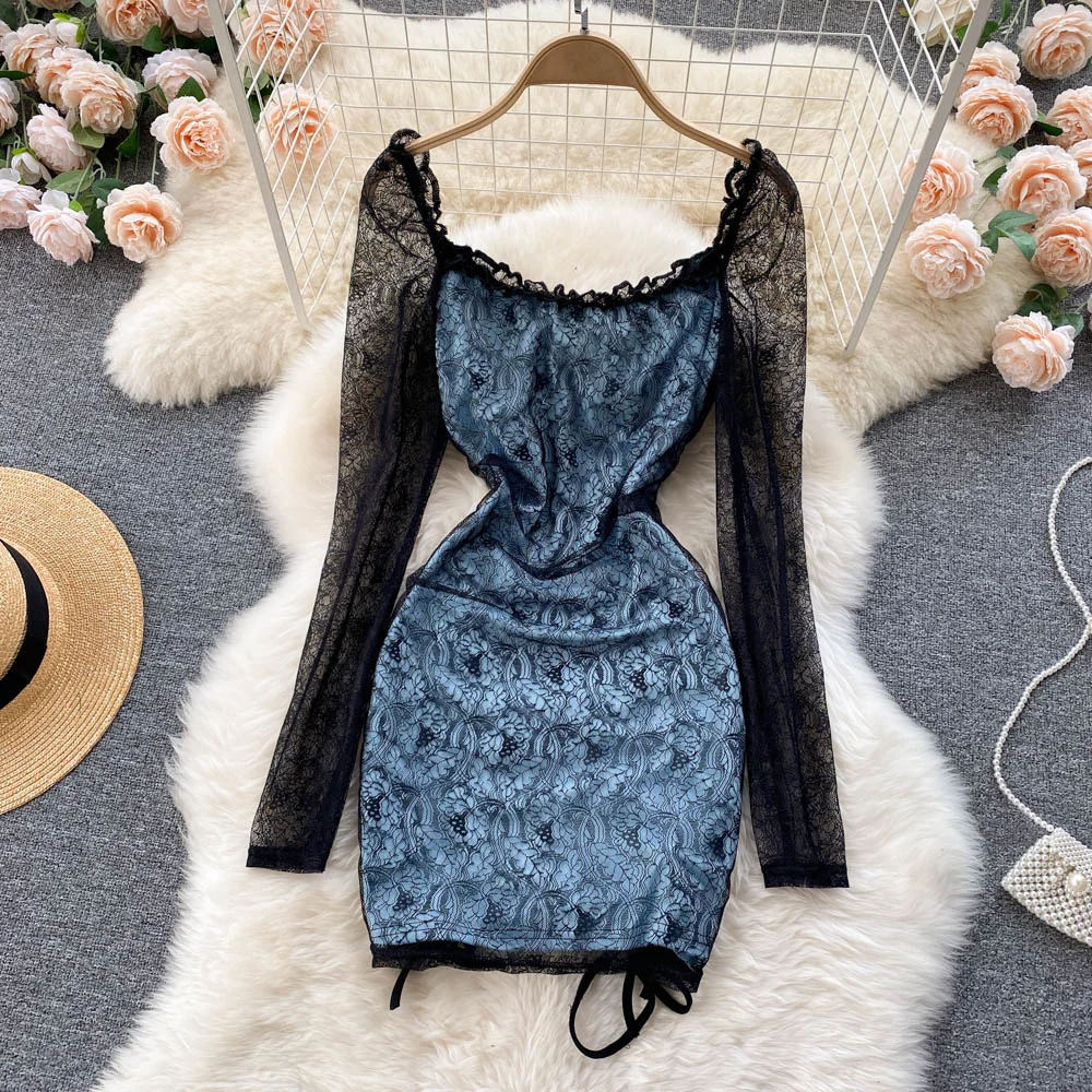 Sexy Hollow Out Floral Lace Mini Bodycon Dress for Women Elegant Square Collar Slim High Waist Drawstring Ruched Party Dresses