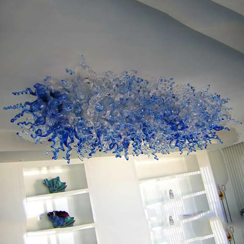 Blue Shade Chandelier Living Room Chihuly Style Rectangular Ceiling Chandelier Art Decor Dining Room Kitchen Indoor Lighting