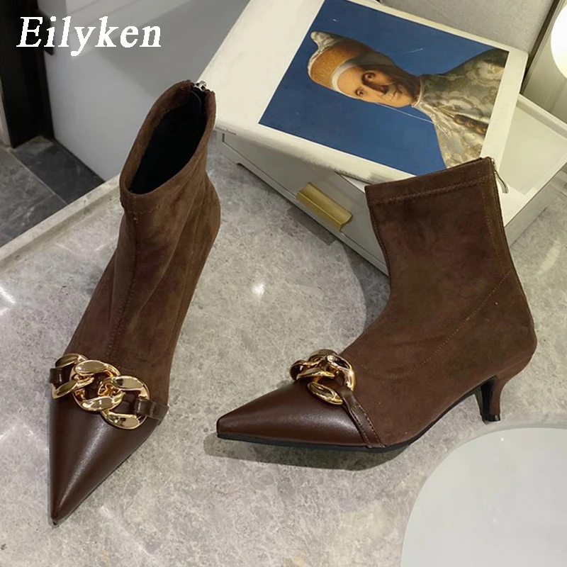 Eilyken Fashion Chain Decoration Women Ankle Boots Low Thin Heels Pointed Toe Pumps Shoes Zip Elegance Short Bootties