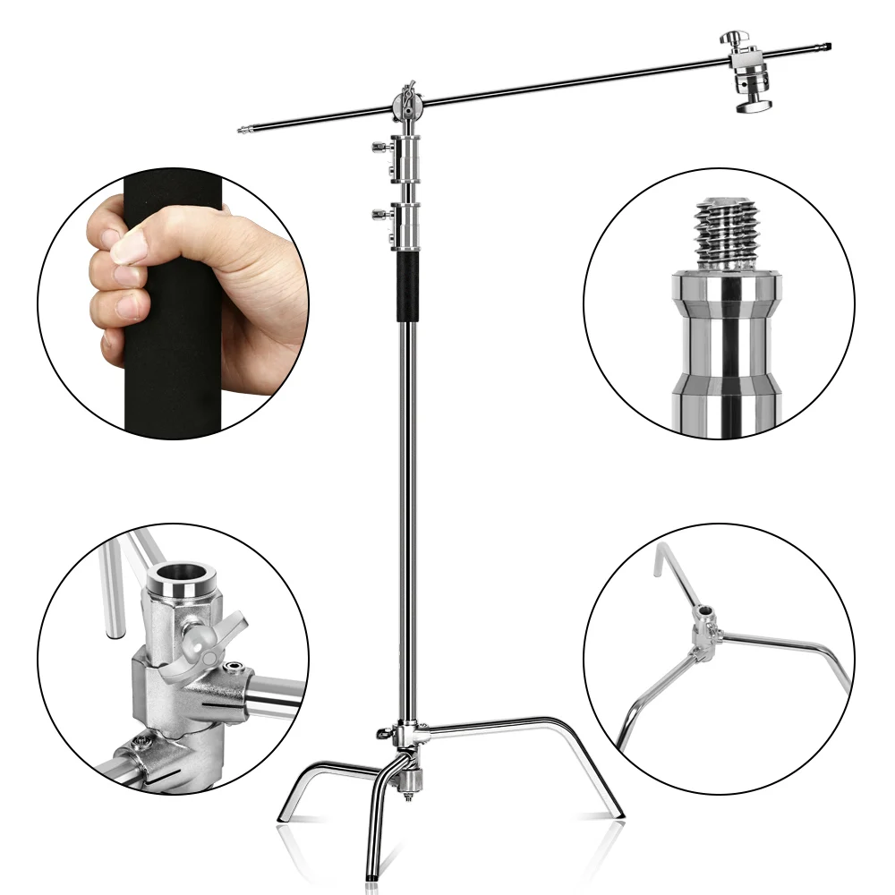 Metal Height 2.6M/8.5FT Adjustable Reflector Tripod Stand with Holding Arm 2pc Grip Head for Photography Studio Video Equipment