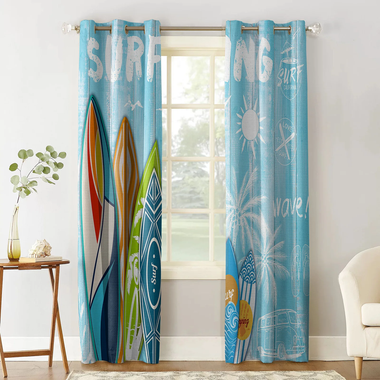 Surfing Summer Palm Tree Wood Board Window Curtains for Living Room Bedroom Modern Curtains Home Decoration Kid Room Drapes