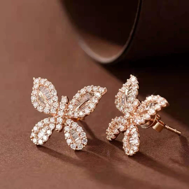 Rose Gold Luxury Stud Earrings For Women Trendy Plant Fine Jewelry Wedding Gift 18K-Gold Real Diamond