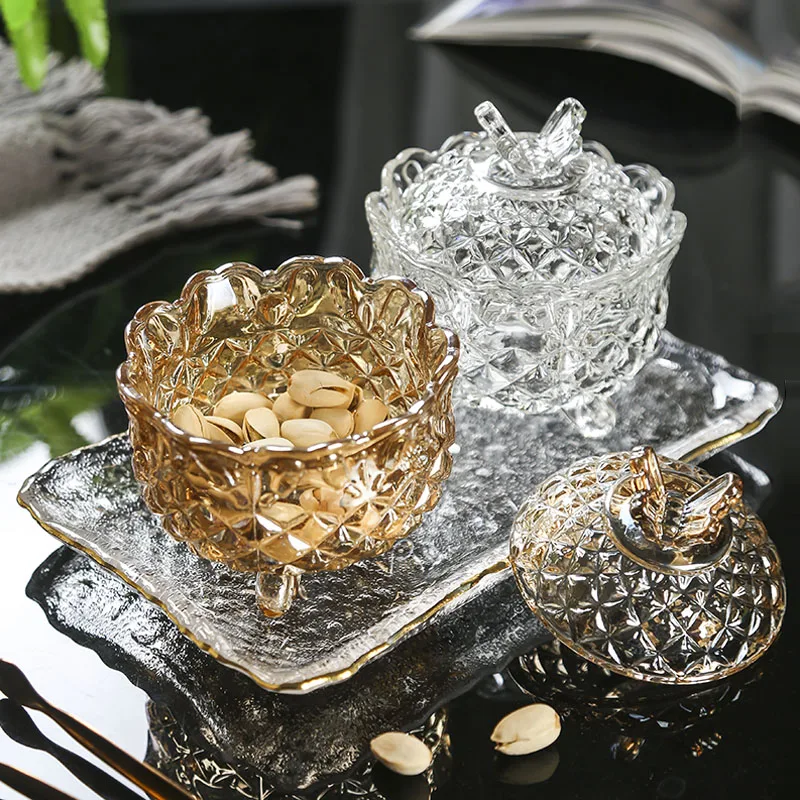 Butterfly Flower Crystal Glass Candy Jar, Dried Fruit Plate, Sugar Bowl, Jewelry Box with Lid, Living Room