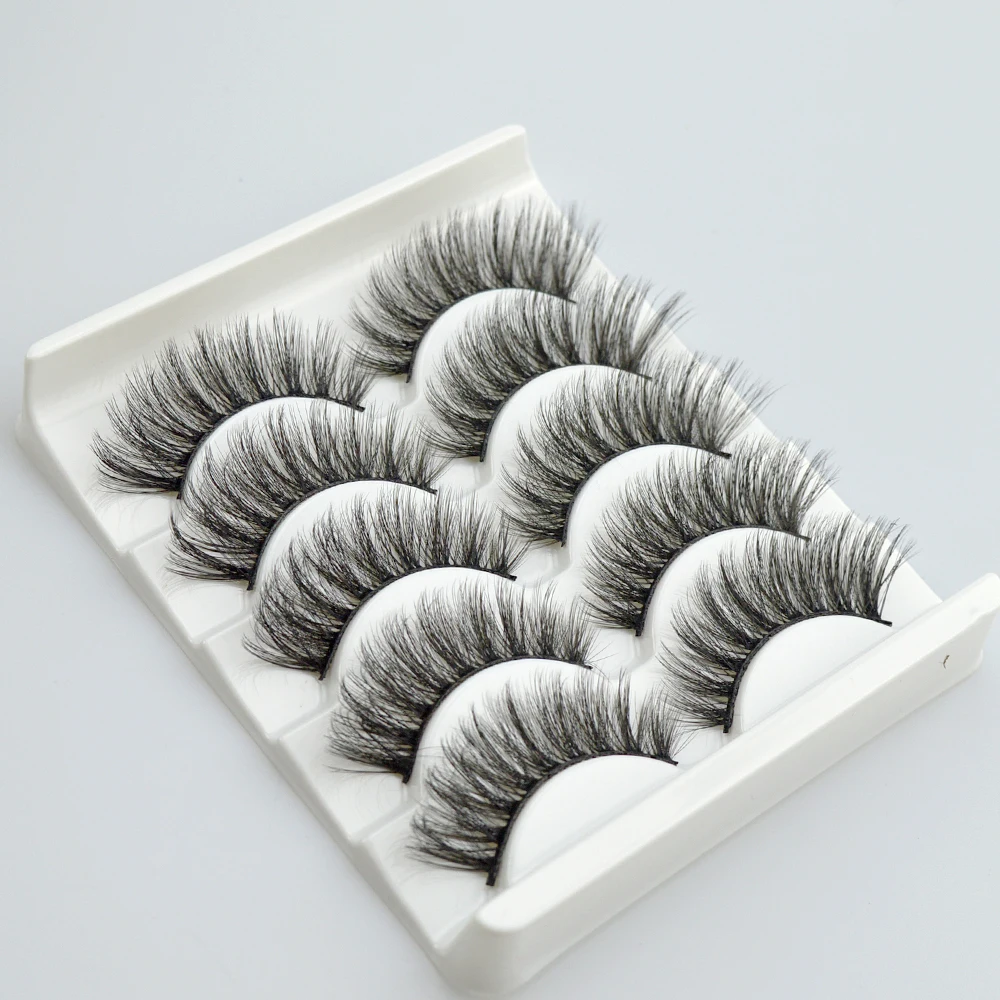 QSTY-Natural Long False Eyelash, 3D Mink Eyelashes, Black Bushy, Makeup Extension, Dramatic Volume, Fake Lash, 5 Pairs