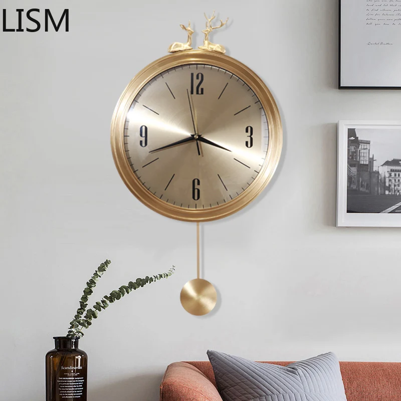 Home Decor Hanging Wall Clock Modern Design Art Silent Wall Clock Mechanism with Pendulum Pure Copper Nordic Reloj De Pared