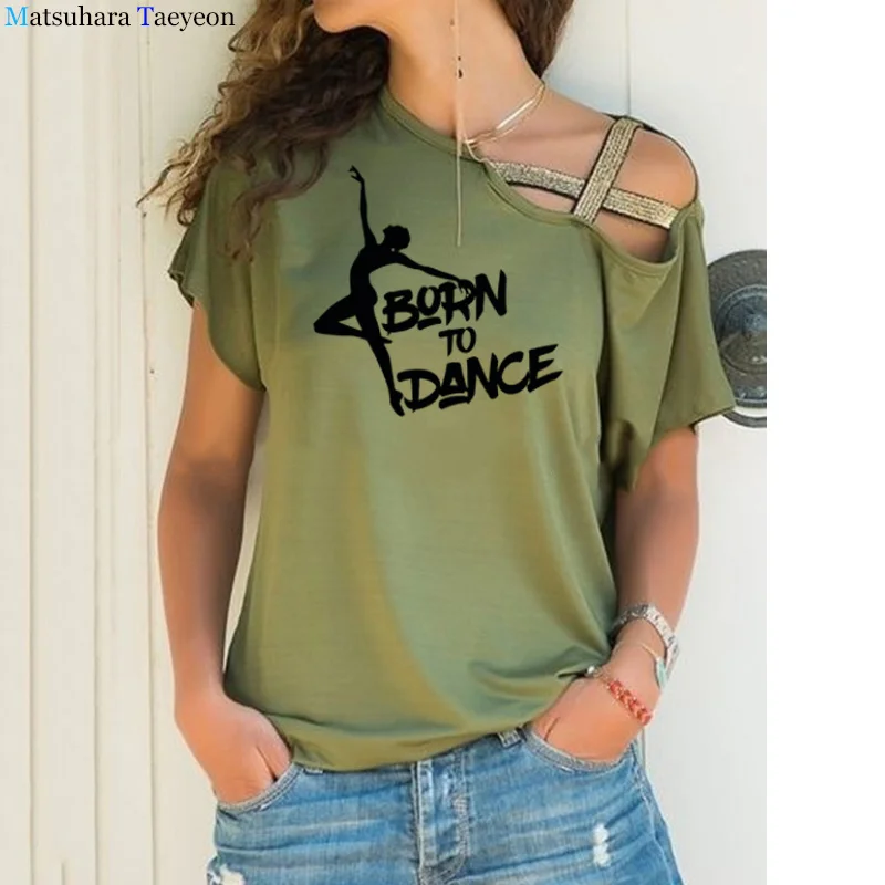 Modny nadruk damski T-shirt, który narodził się do tańca balet letni Harajuku graficzny T-shirt nieregularne skośne krzyżowe wiązanie Tee — zdjęcie 6