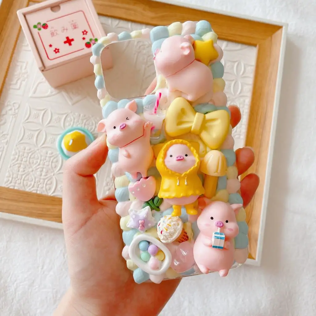 

Handmade Case for iPhone 12 pro max 3D Kawaii PIG Phone Cover ip 11 DIY Cream Shell 6/6s 7/8 plus Candy Food X/XS MAX XR SE 2020