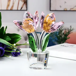 Crystal Tulips Flower Figurine Glass Flower Paperweight Ornament Unfading Bouquet Sculpture Wedding Valentine Gift Home Decor