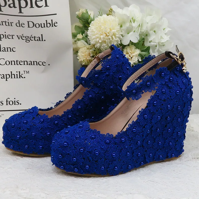 BaoYaFang Royal Blue Ankle Strap Wedding shoes high heels platform shoes Wedges Flower Woman Pumps High Shoes Buckle Round Toe