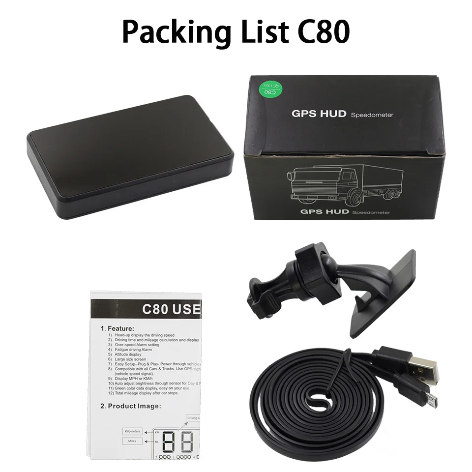 Vjoy GPS 속도계 4.5" C80 속도 주행 거리계 마일리지 HUD 디스플레이 디지털 속도 알람 MPH KMH 고도 디스플레이 프로젝터 3'' C60s