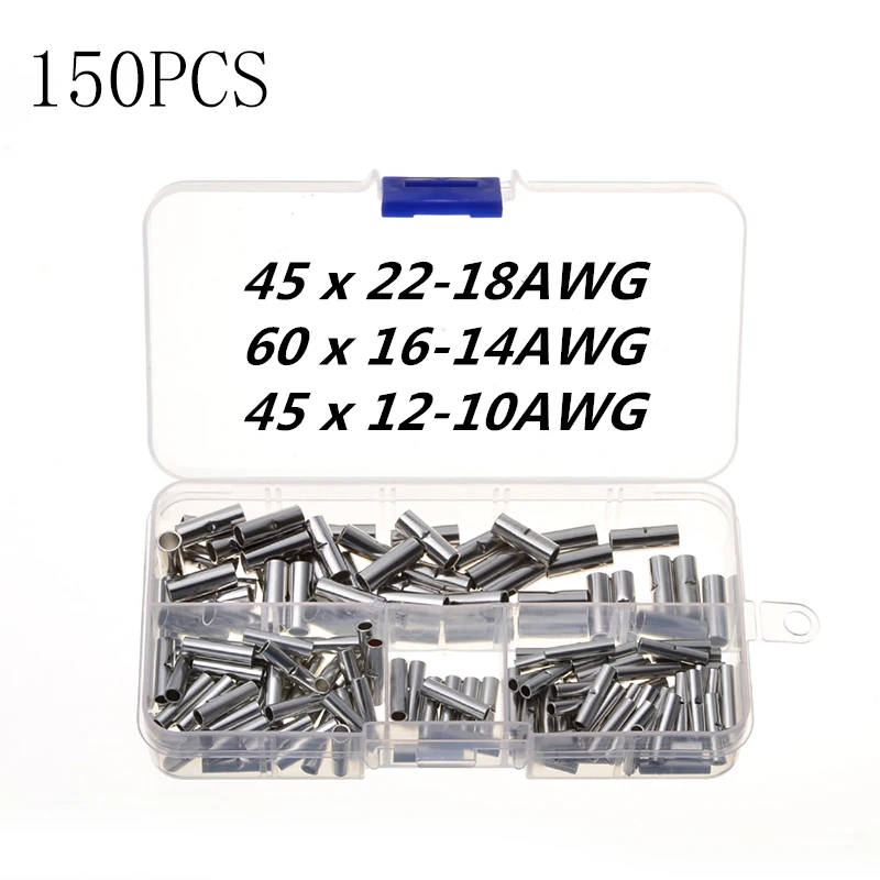 

150/100/50Pcs AWG 22-10 Crimp Terminal Butt Wire Connector Copper Tinned Splice Sleeve Bare Terminals Crimping Connector Kit