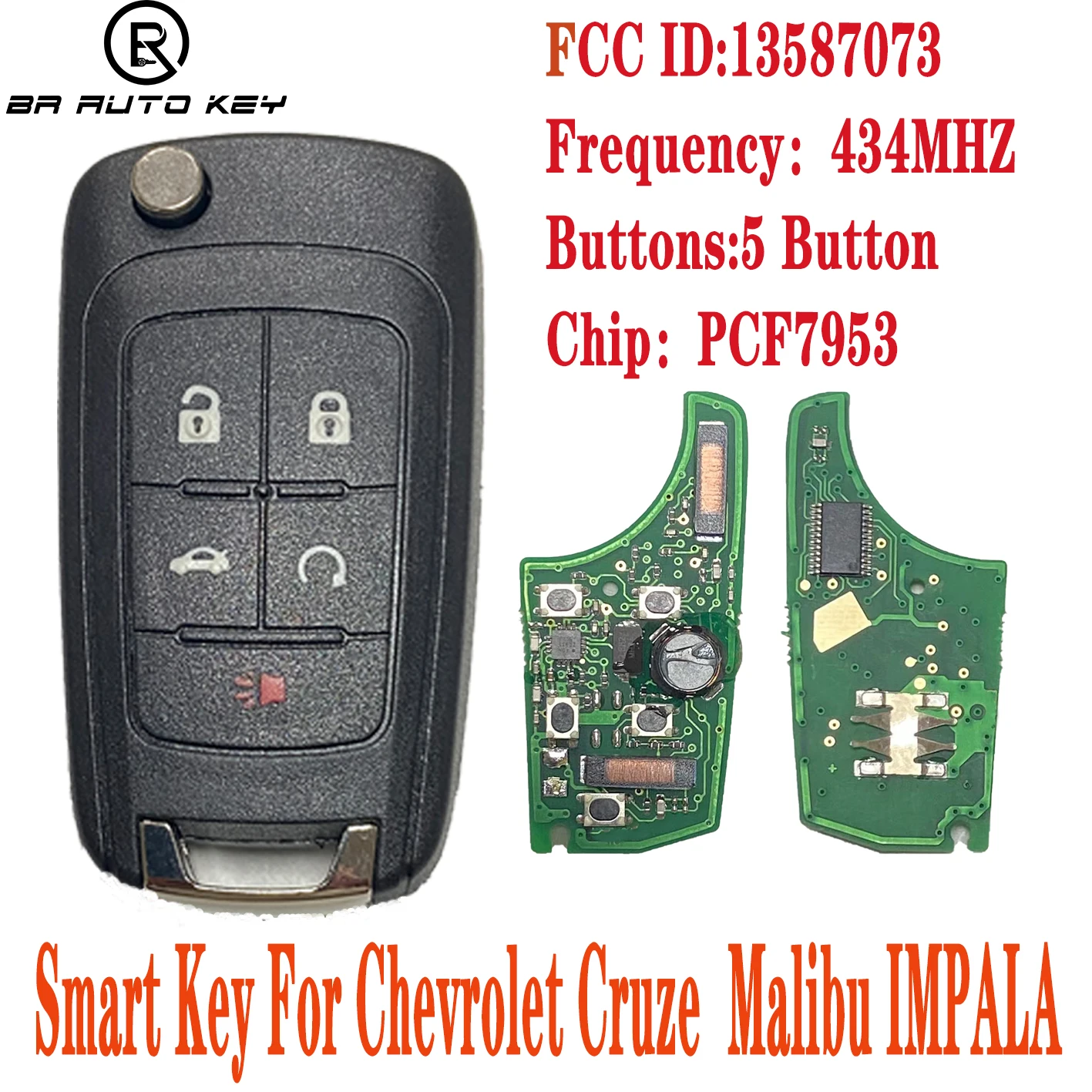 5Button Keyless-go Remote Smart Key Fob for Chevrolet Cruze Sonic Malibu Impala Equinox  433Mhz ID46 PCF7953 Chip HU100