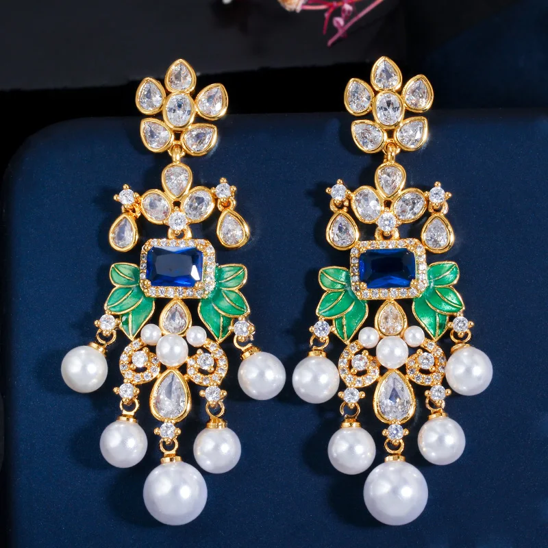 CWWZircons Blumen Zirkon Lange Hängeohrringe mit Perlen für Frauen Afrikanische Brautohrringe aretes de mujer modernos Großhandel E0375 – Detail 5