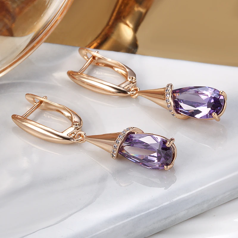 Kinel Fashion 585 Rose Gold Long Earrings for Women Water Drop Purple Natural Zircon Dangle Earring Fine Jewelry Crystal Gift