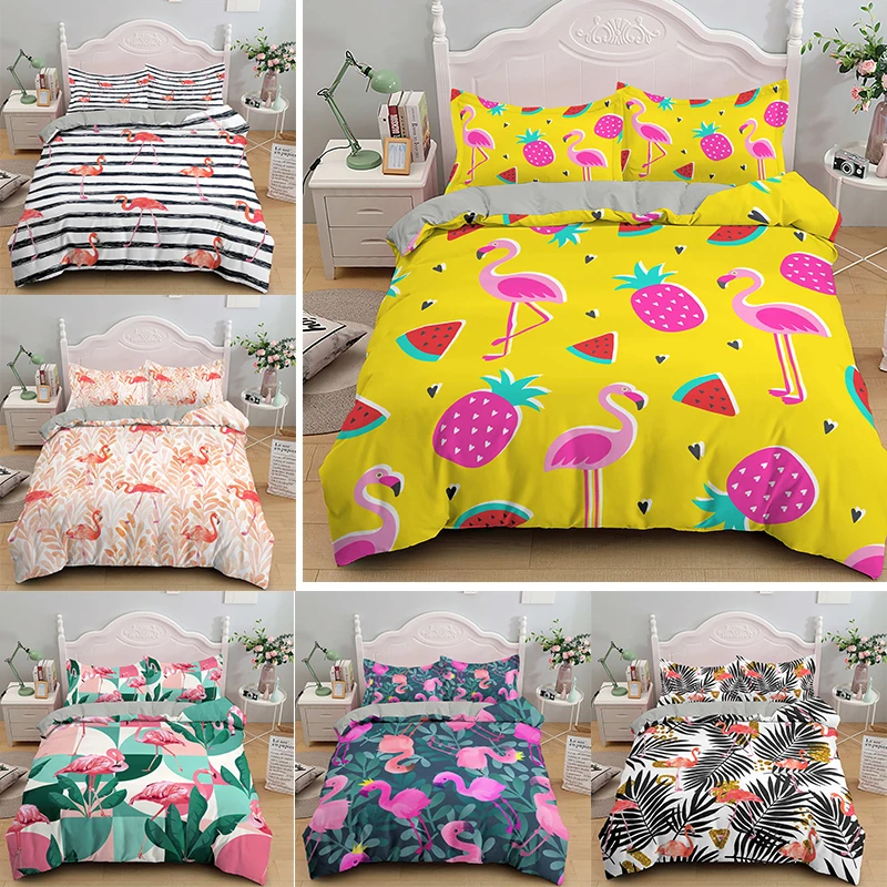 Flamingo Printed 2/3Pcs Duvet Cover and Pillow Case Bedding Sets UK/EU/US/AU Single Twin Full Queen King Size