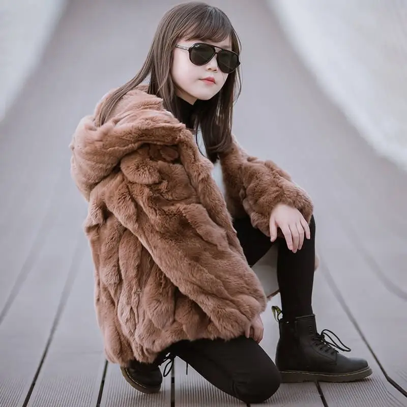 2020 New Fashion Winter Children Girls Thick Warm Long Real Rabbit Fur Coats Kids Girls Soft Outerwear Baby Jacket Overcoat W199