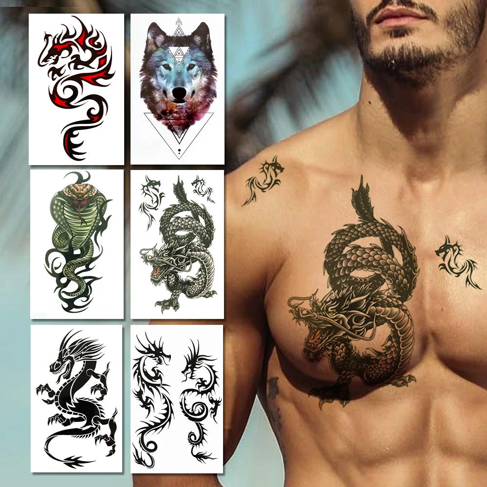 Minimalist Dragon Fake Temporary Tattoos For Men Women Geometric Wolf Tattoo Sticker Fire Green Snake Tatoo Sheets Body Arm Hand