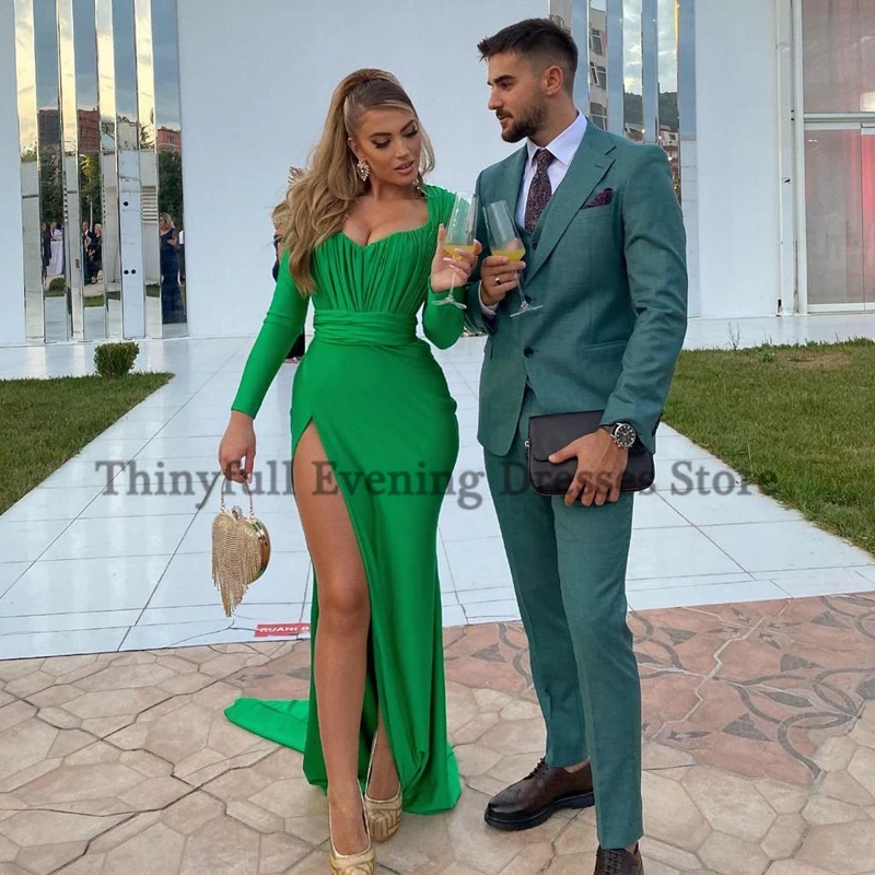 Thinyfull abiti da sera Sexy da ballo abito da festa a maniche lunghe verde 2021 abiti da Cocktail a sirena con spacco alto Arabia saudita taglie forti