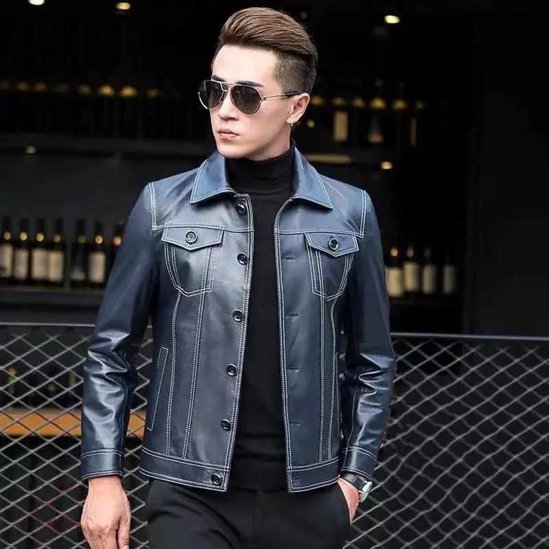 

Men 2023 Spring Autumn Fashion Real Sheep Leather Jackets Men's Thin Slim Sheepskin Overcoats Male Genuine Leather Coats O15