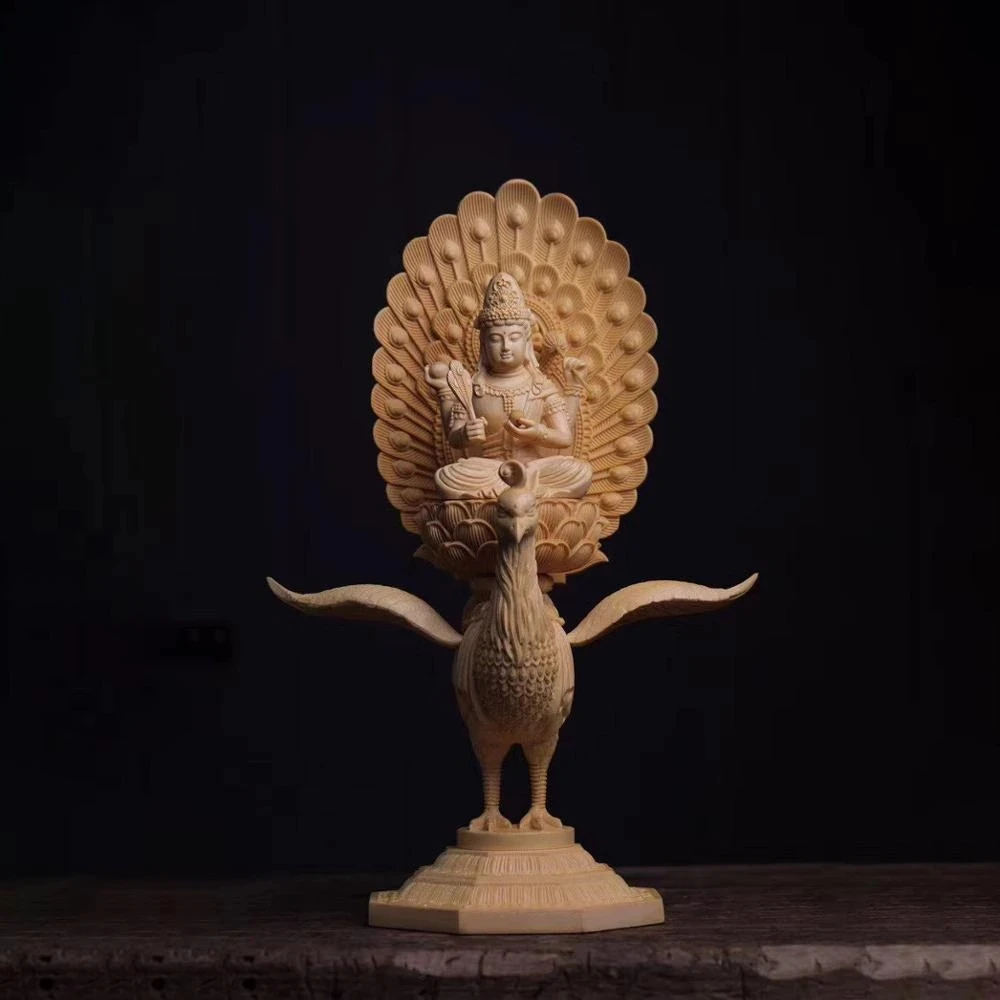 Cypress Wood 38cm Mahamayuri Buddha Statue Peacock Maha-mayuri-vidya-rajni Figure Sculpture Worship Home Decor