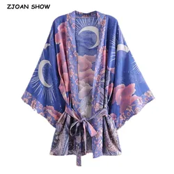 Bohemian Women Blue Space Moon Flower Print Kimono Shirt Holiday Beach Tide Bow Sashes Mid Long Cardigan Blouse BOHO Tops