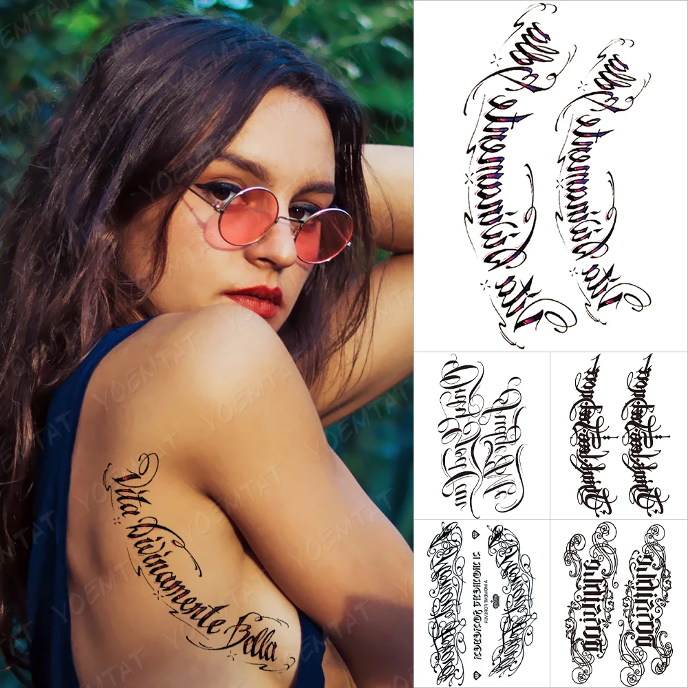 

Handwriting Font Waterproof Temporary Tattoo Sticker Text Word Chicano Lettering Body Art Arm Wrist Fake Tatoo For Women Men