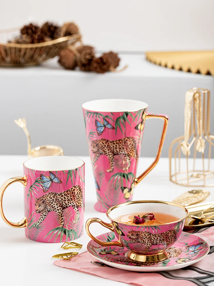 Creative Pink Bone China Mug, Leopard, Forest Cheetah Ceramic Coffee Cup, Milk, Water, Afternoon Tea, Party Drinking, Drinkware