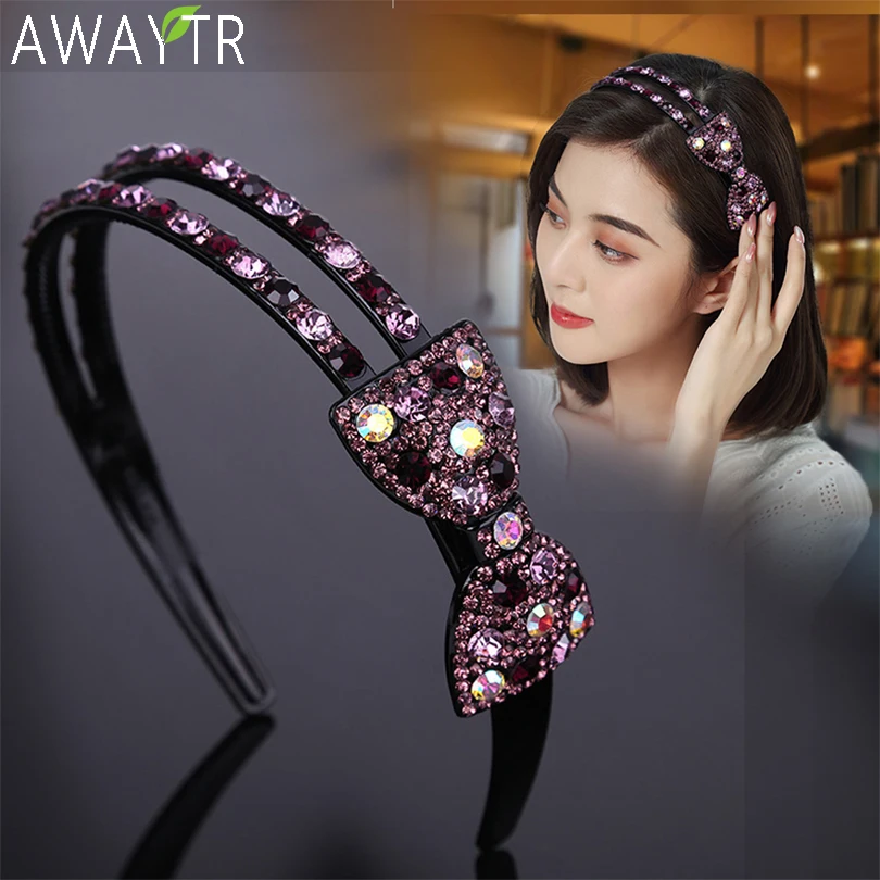 AWAYTR Double Row Bow Rhinestone Hairbands Non-slip Bezel Hair Hoop Crystal Headband for Women Hair Bands Ties Hair Accessories