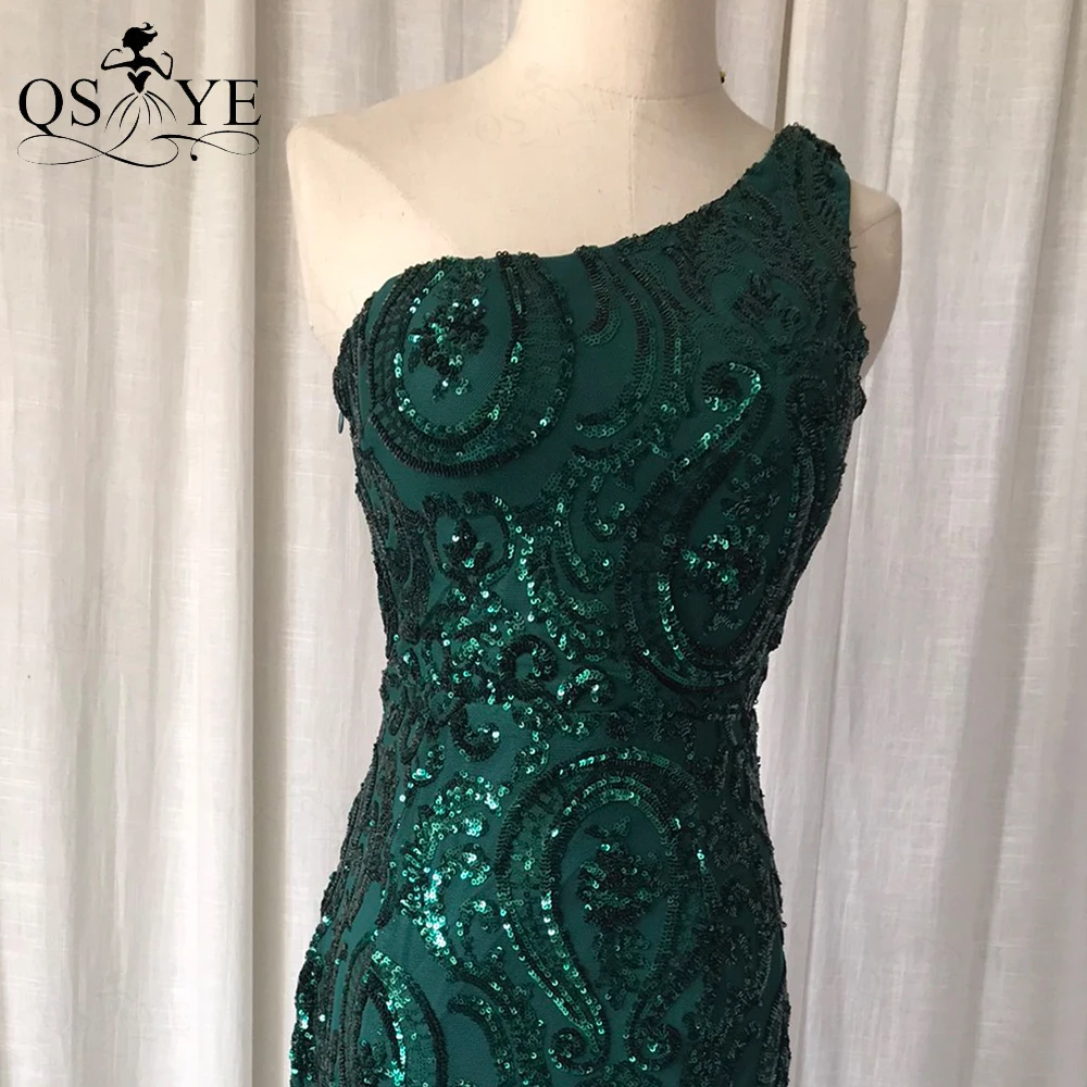 Une épaule émeraude robes de soirée vert paillettes longue sirène robe de bal paillettes robe de soirée élégante motif dentelle robe formelle