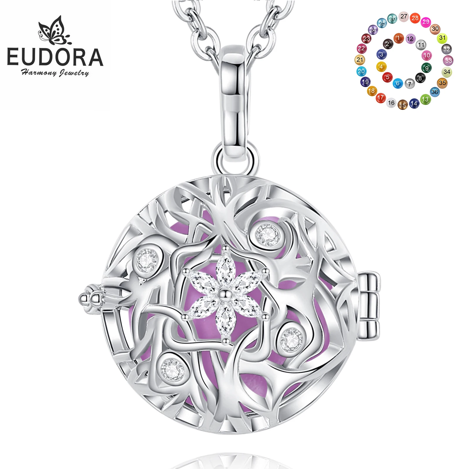 Eudora 18MM Harmony Crystal Flowe Bola Ball locket With Angel Caller Colorful Ringing Chime Ball Pendant Pregnancy Women Jewelry