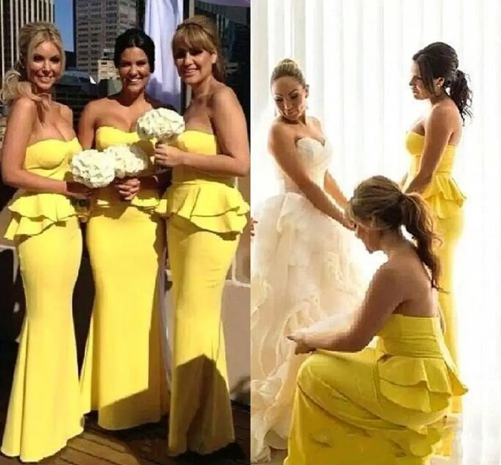 2025 Elegant Yellow Bridesmaid Dresses Strapless Peplum African Maid of Honor Gown Log Formal Wedding Guest Dress robe de soriee