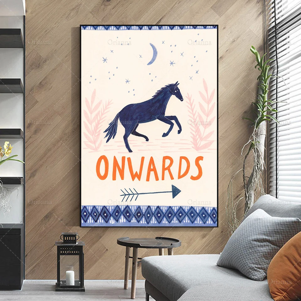 Onwards Poster, Art Print, Wall Decor, Inspiring Quote Art,Horse Art,Horse Illustration Home Minimalism Bedroom Canvas Painting