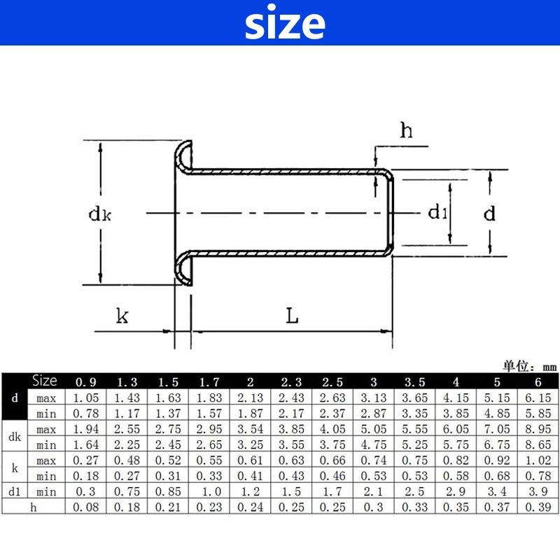 100 PCS Brass Metal Eyelets Hollow Rivet Nut Copper Through Hole Rivet Grommets Gb876 M0.9 M1.3 1.5 2 2.3 2.5 3 3.5 4 5 6mm