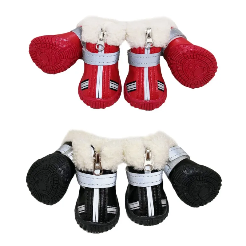 4pcs/set Pet Dog Shoes Wearable Winter Warm Pets Antiskid Shoes Waterproof Reflective Dog Boots for Small Medium Dog