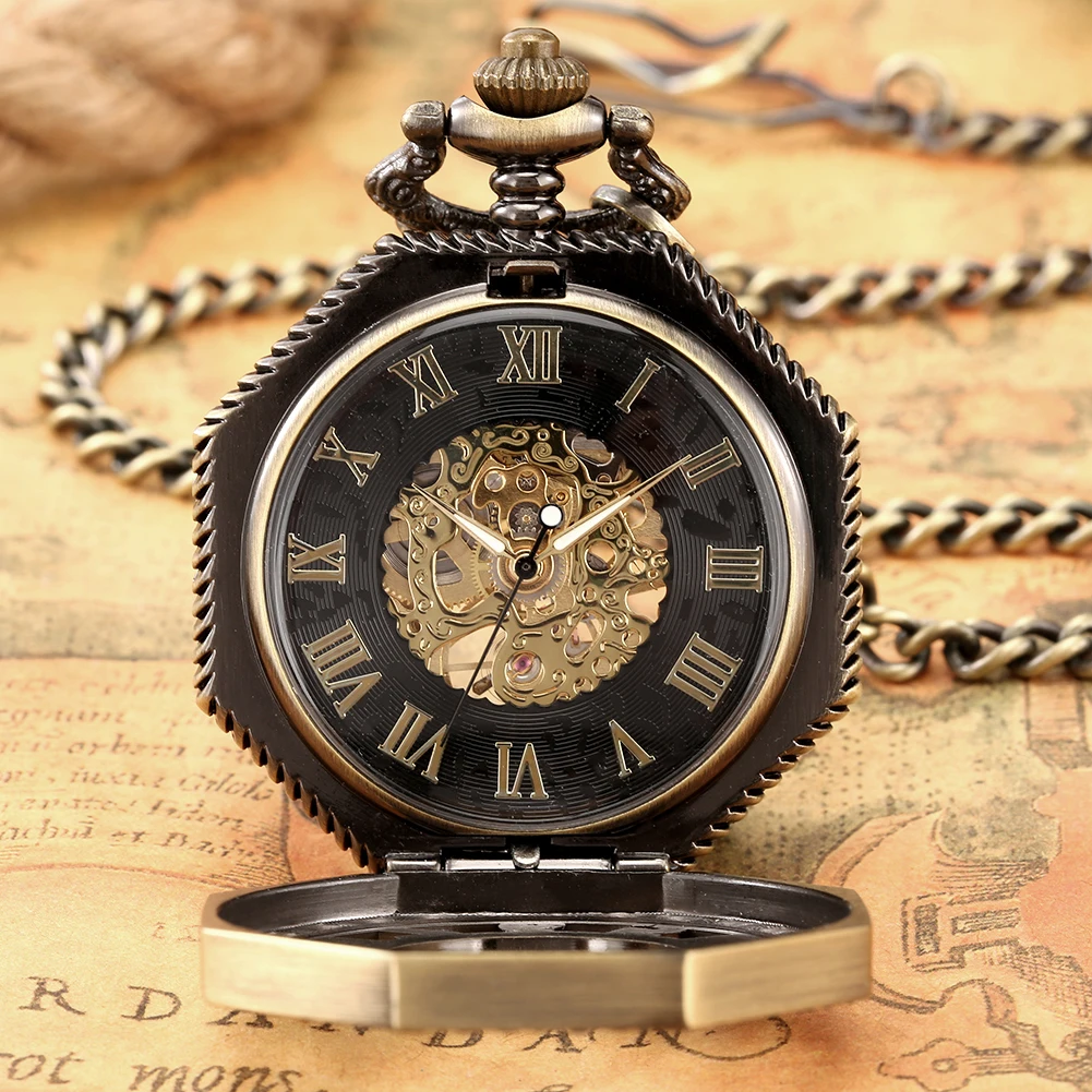 Half Hunter Bronze Mechanical Hand Winding Pocket Watch Hollow Arabic Numerals Skeleton Manual Mechanism Pendant Pocket Clock