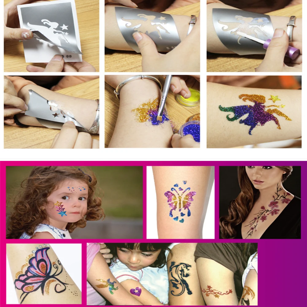 ใหญ่ 10 สี Glitter Tattoo Kit ชั่วคราว Tattoo Stencil อัญมณีเครื่องสําอางค์แปรงแม่แบบกาว Flash Powder Face Painting Art